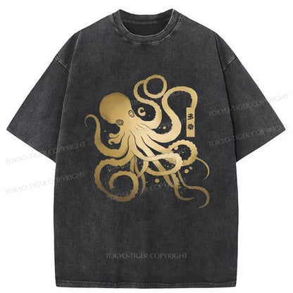 Tokyo-Tiger Japanese Calligraphy Version Of Octopus Washed T-Shirt