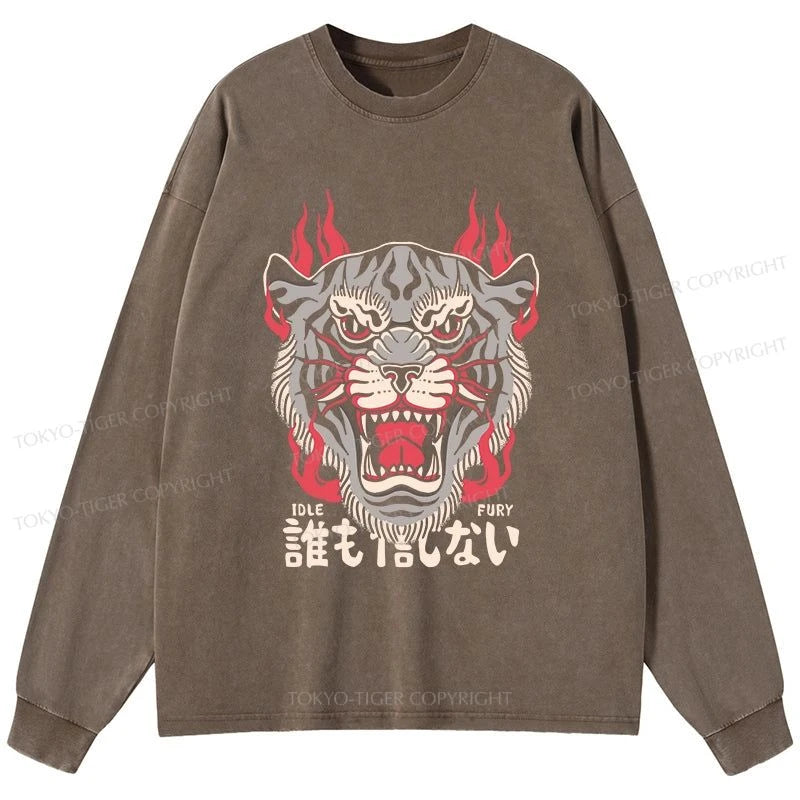 Tokyo-Tiger Retro Tiger Japanese Washed Long Sleeve T-Shirt