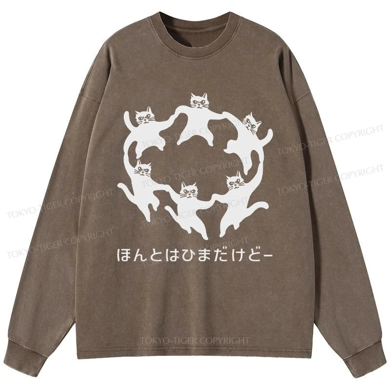 Tokyo-Tiger Leisure Cats Japanese Washed Long Sleeve T-Shirt