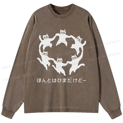 Tokyo-Tiger Leisure Cats Japanese Washed Long Sleeve T-Shirt