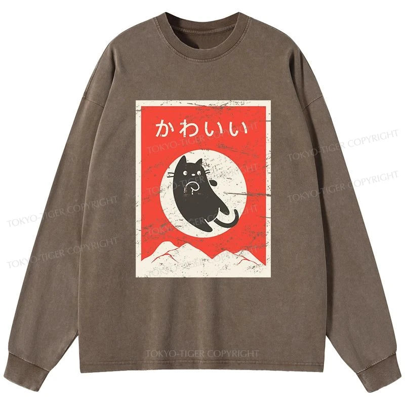 Tokyo-Tiger Cute Black Cat Japanese Washed Long Sleeve T-Shirt