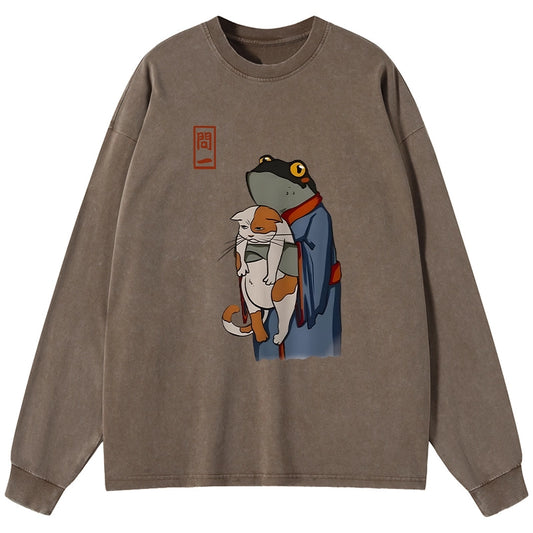 Tokyo-Tiger The Frog Holds The Cat Washed Long Sleeve T-Shirt