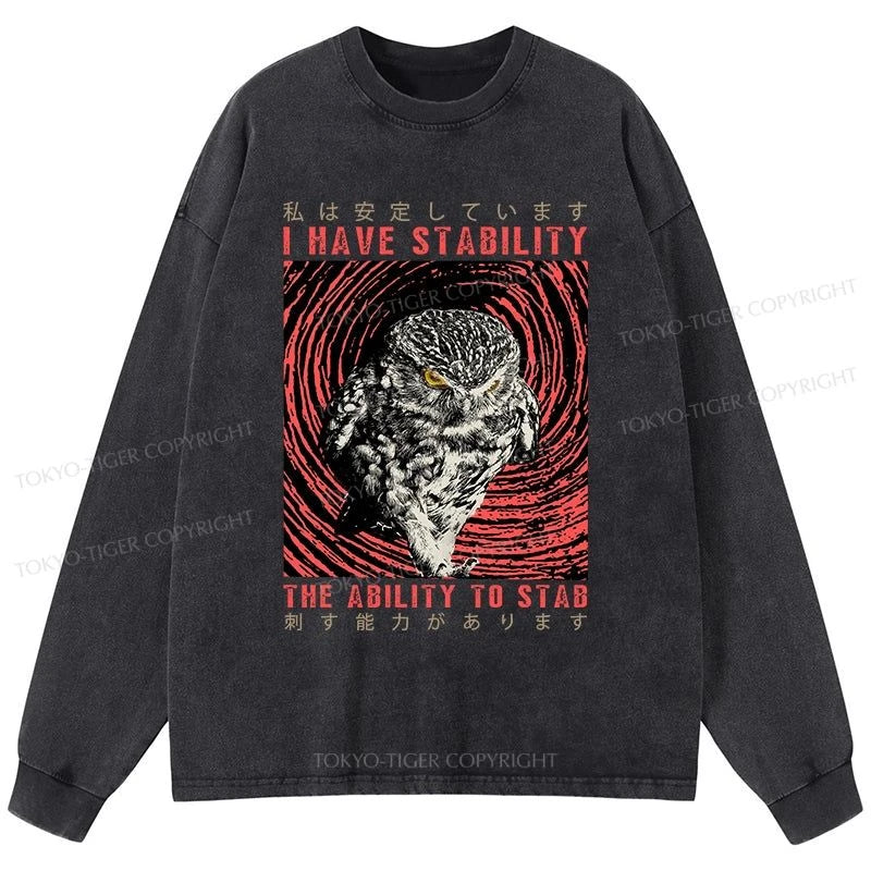 Tokyo-Tiger I Have Stability Owl Washed Long Sleeve T-Shirt