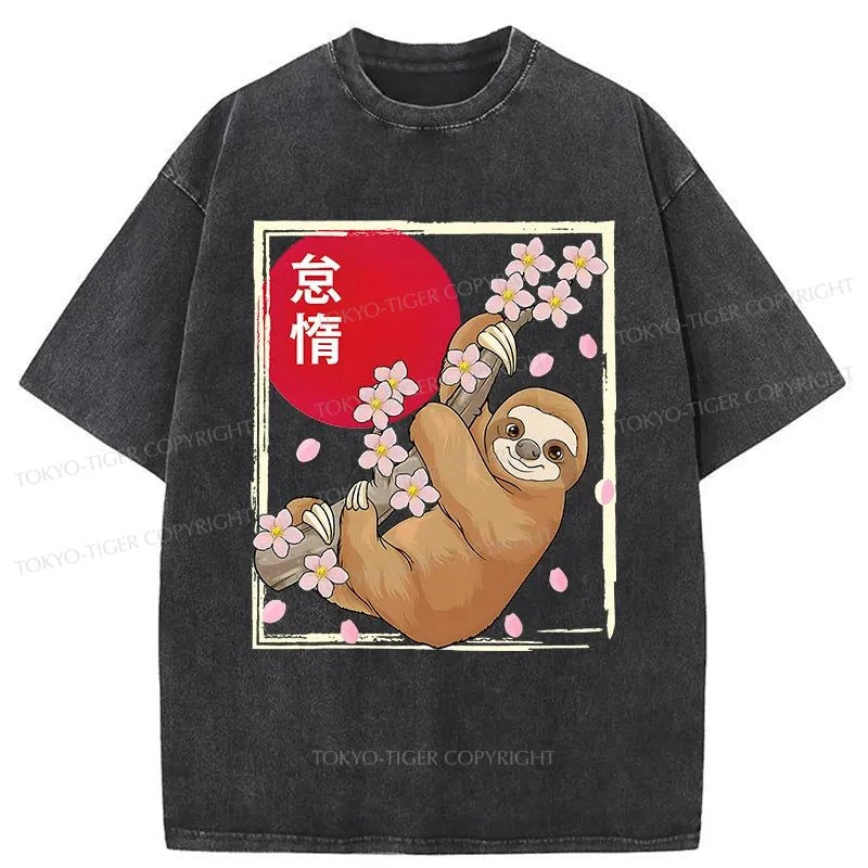 Tokyo-Tiger Sloths Climb On Cherry Trees Washed T-Shirt