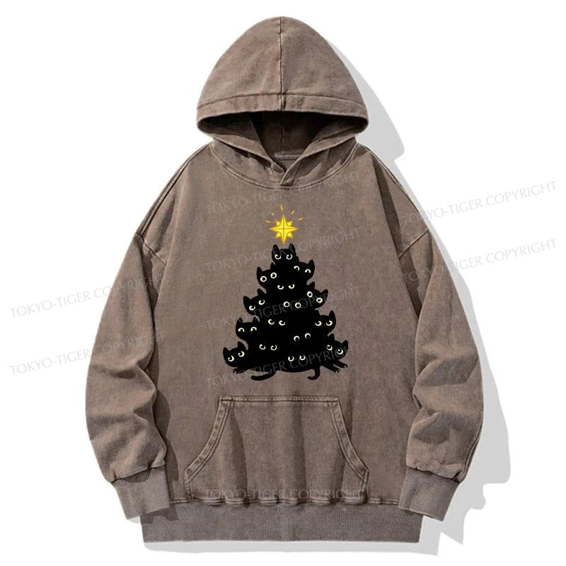 Tokyo-Tiger Black Cat Christmas Tree Washed Hoodie