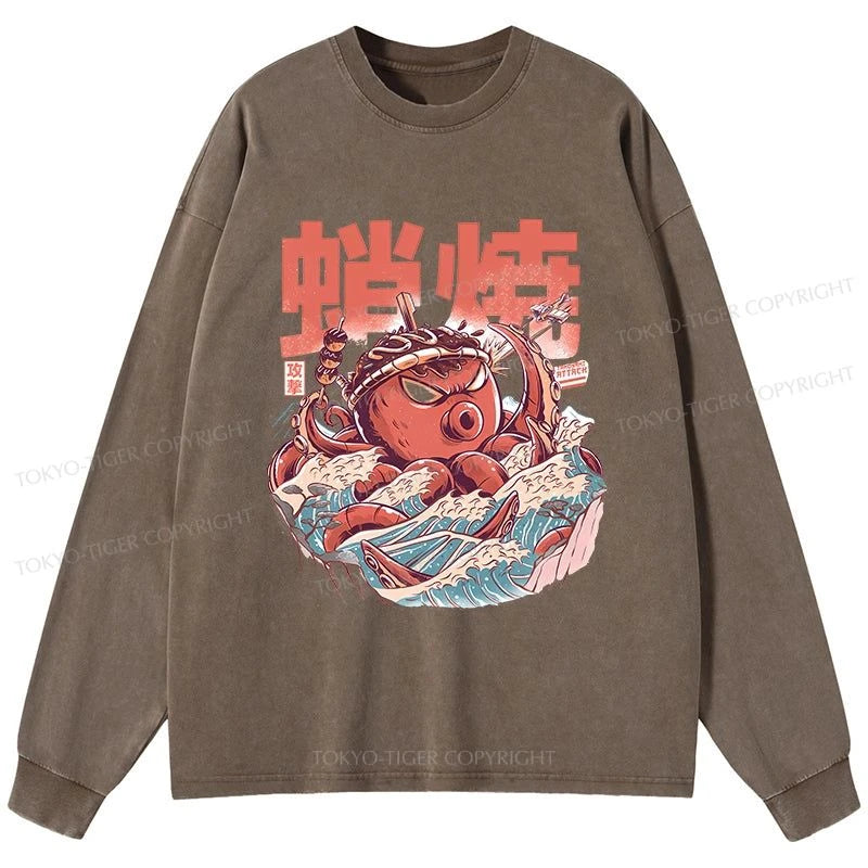 Tokyo-Tiger The Great Wave Takoyaki Japanese Washed Long Sleeve T-Shirt