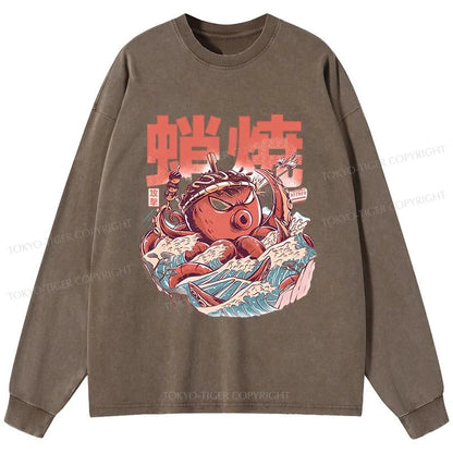 Tokyo-Tiger The Great Wave Takoyaki Japanese Washed Long Sleeve T-Shirt