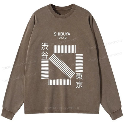 Tokyo-Tiger Japanese Shibuya Crossing Washed Long Sleeve T-Shirt