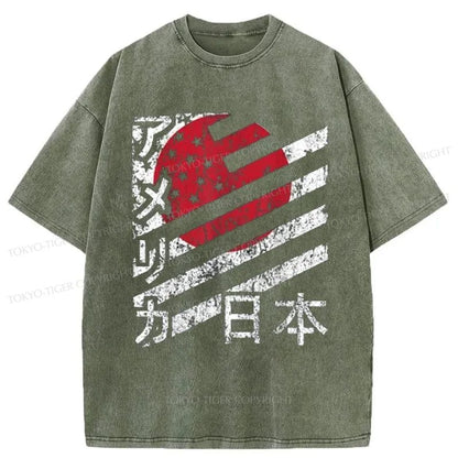 Tokyo-Tiger Combining The Flags Of The USA and Japan Washed T-Shirt