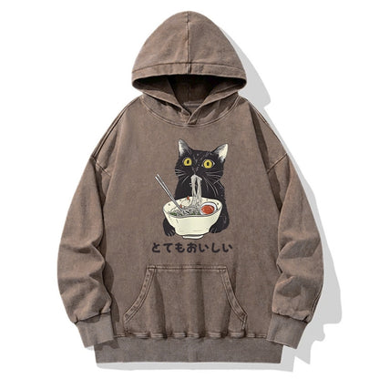 Tokyo-Tiger Cats Eat Ramen Noodles Washed Hoodie