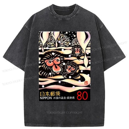 Tokyo-Tiger Monkeys Postage Stamp Japanese Washed T-Shirt