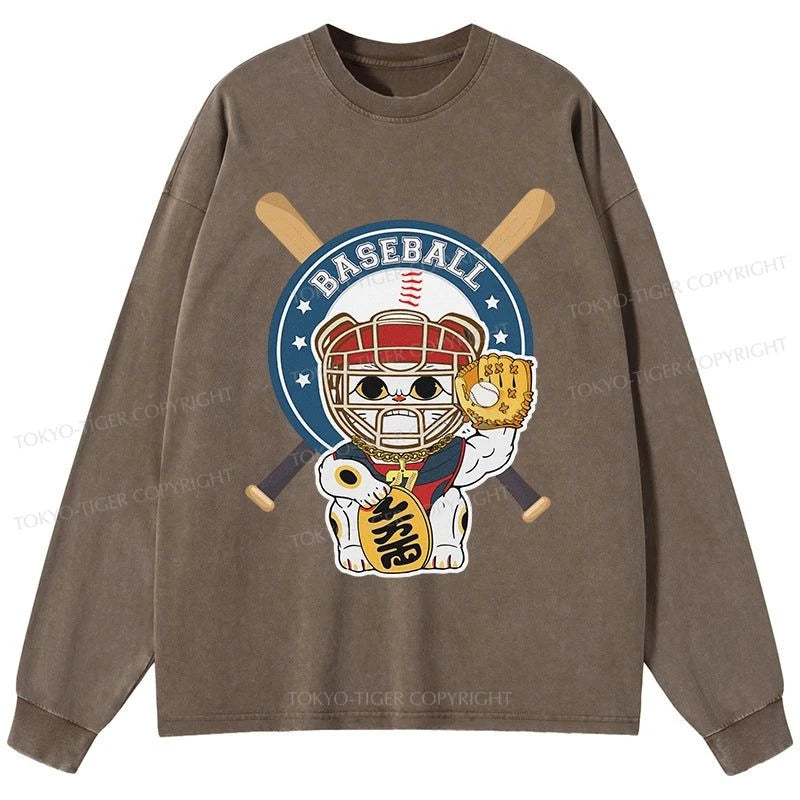 Tokyo-Tiger Janpaese Baseball Cat Washed Long Sleeve T-Shirt