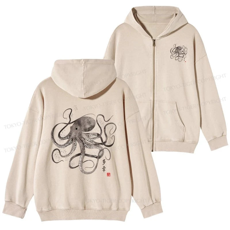 Tokyo-Tiger Octopus Japanese Calligraphy Washed Zip Hoodie