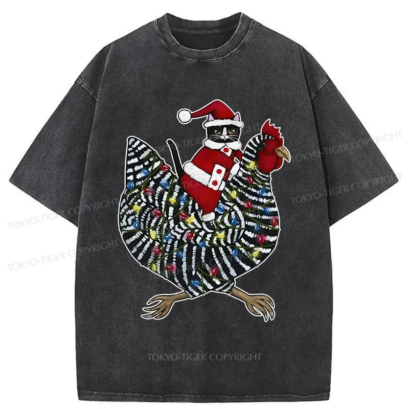 Tokyo-Tiger Christmas Cat Riding Chicken Washed T-Shirt