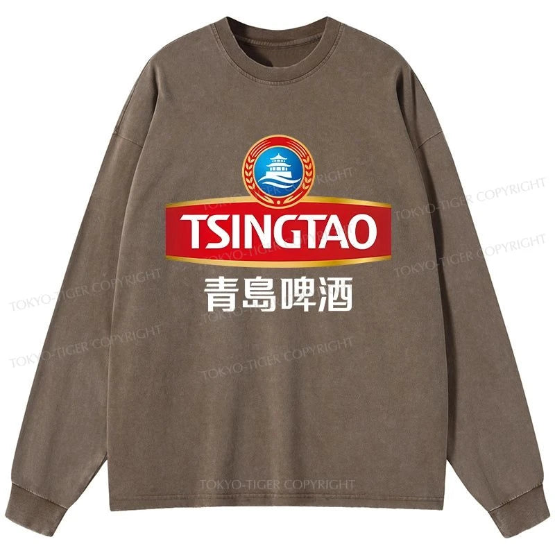 Tokyo-Tiger Qingdao Beer Logo Washed Long Sleeve T-Shirt