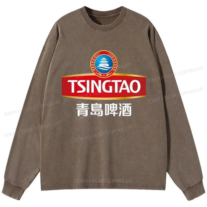 Tokyo-Tiger Qingdao Beer Logo Washed Long Sleeve T-Shirt