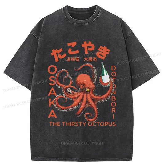 Tokyo-Tiger Octopus Drinks Soju Washed T-Shirt