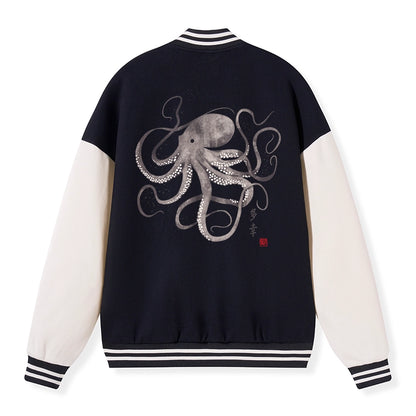 Tokyo-Tiger Octopus Japanese Calligraphy Embroidery Varsity Jacket