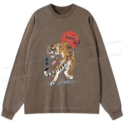 Tokyo-Tiger Tiger Blossom Japanese Sakura Washed Long Sleeve T-Shirt