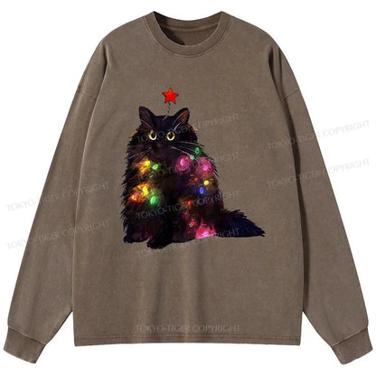 Tokyo-Tiger Christmas Lights Cat Washed Long Sleeve T-Shirt