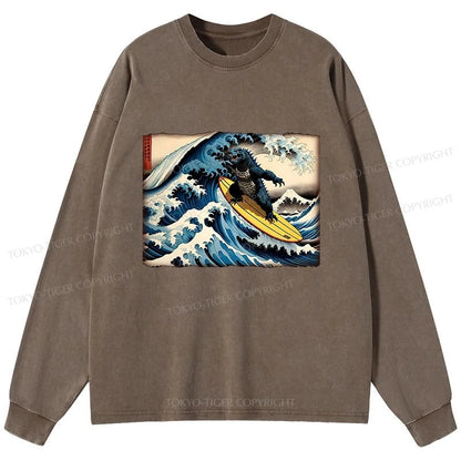 Tokyo-Tiger Dinosaur Surfing Japanese Washed Long Sleeve T-Shirt