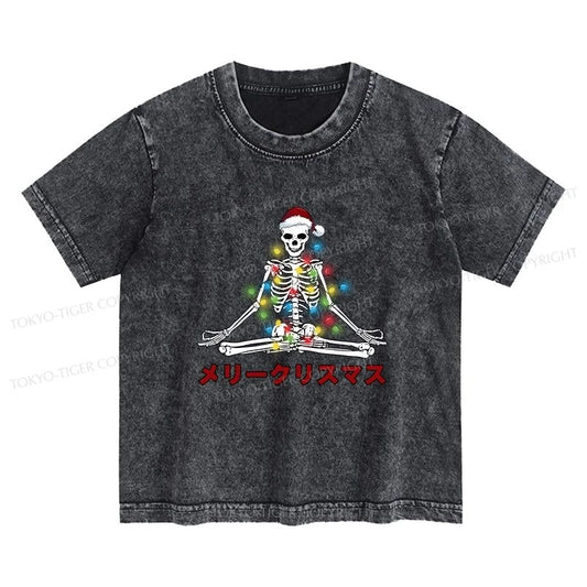 Tokyo-Tiger Christmas Skull Sitting Like Buddha Kids Washed T-Shirt