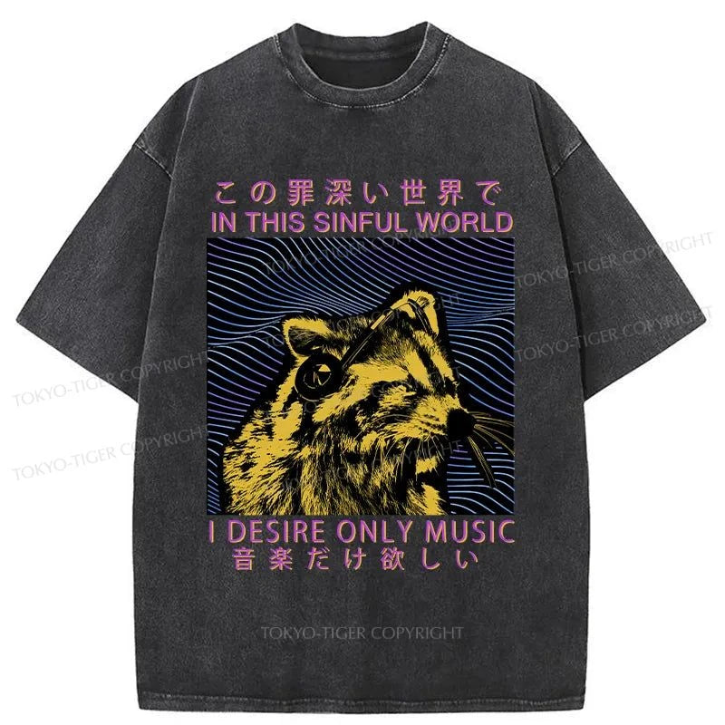 Tokyo-Tiger Raccoon Listening To Music Washed T-Shirt