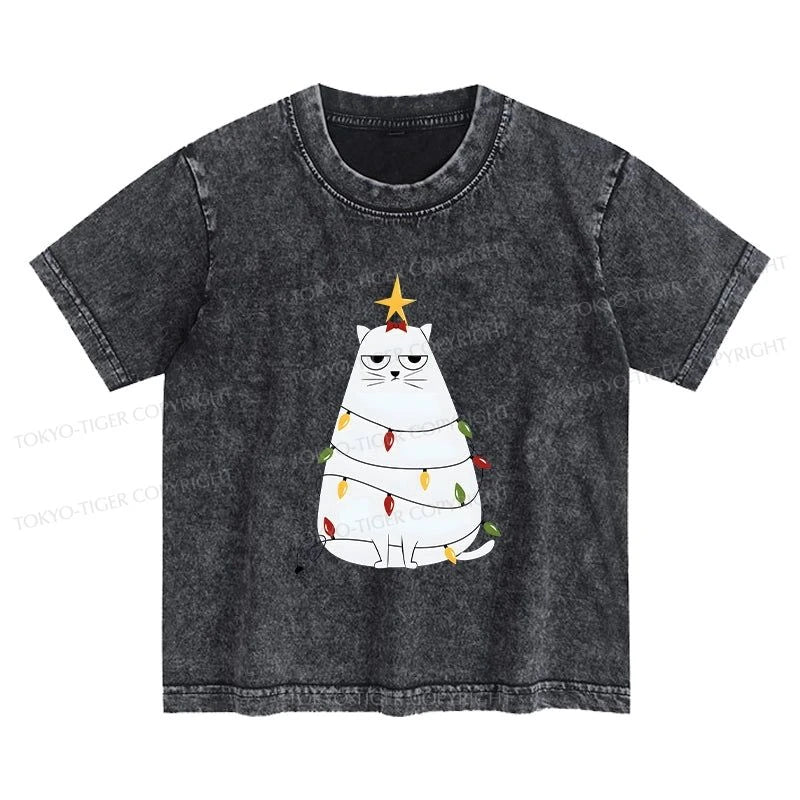 Tokyo-Tiger Chubby Cat Celebrates Christmas Kids Washed T-Shirt