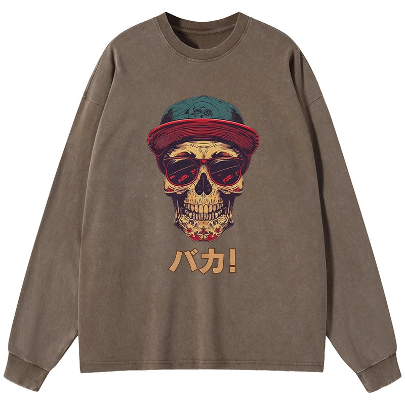 Tokyo-Tiger Fashion Skull Japanese Washed Long Sleeve T-Shirt