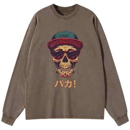 Tokyo-Tiger Fashion Skull Japanese Washed Long Sleeve T-Shirt