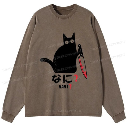 Tokyo-Tiger A Puzzled Cat Holding A Knife Washed Long Sleeve T-Shirt