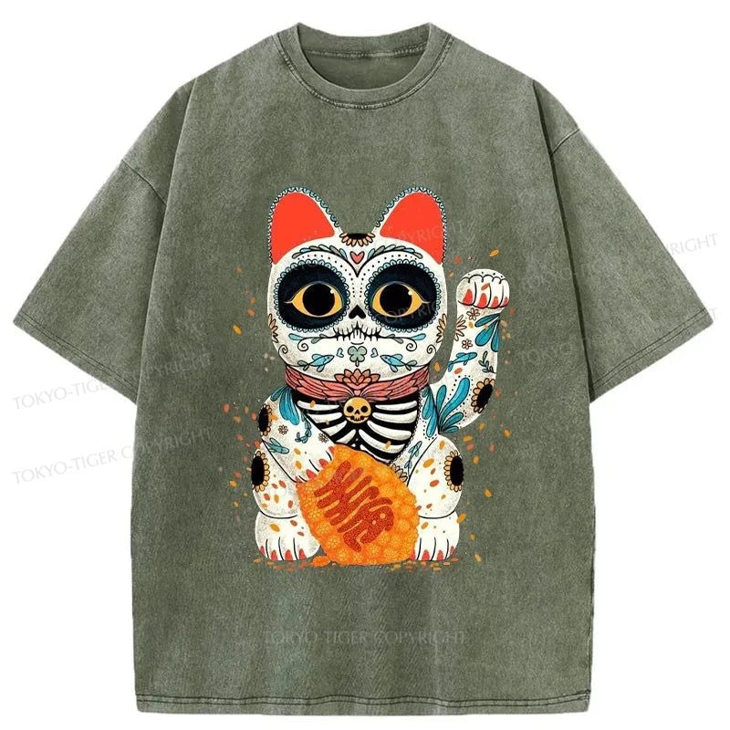 Tokyo-Tiger Skeleton Lucky Cat Washed T-Shirt