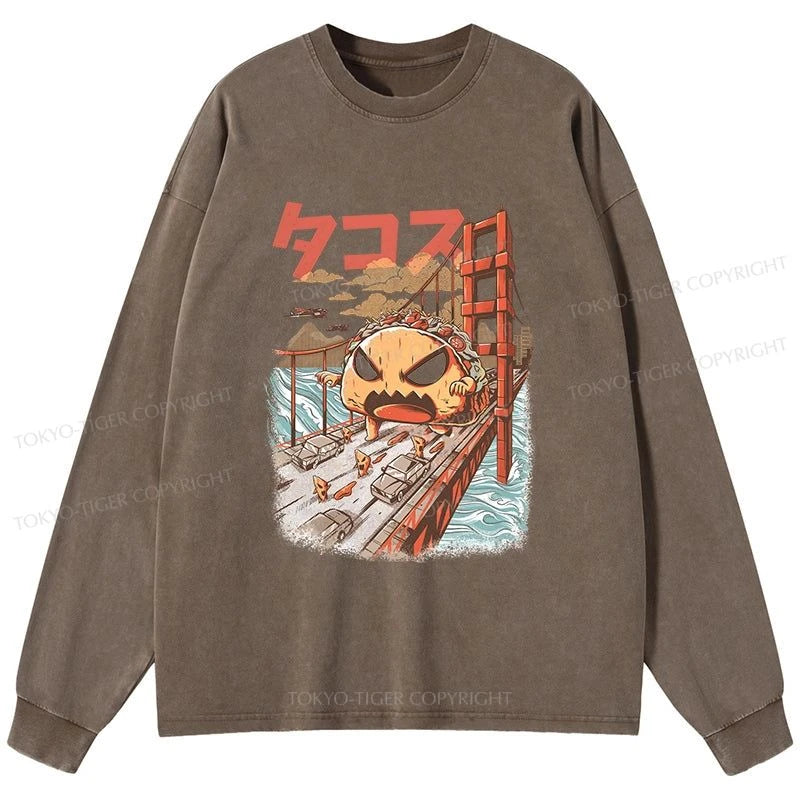 Tokyo-Tiger The Great Taco Kaiju Japanese Washed Long Sleeve T-Shirt