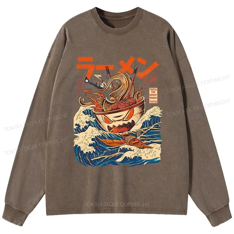 Tokyo-Tiger The Great Wave Ramen Kaiju Washed Long Sleeve T-Shirt