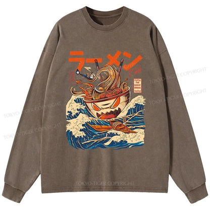 Tokyo-Tiger The Great Wave Ramen Kaiju Washed Long Sleeve T-Shirt