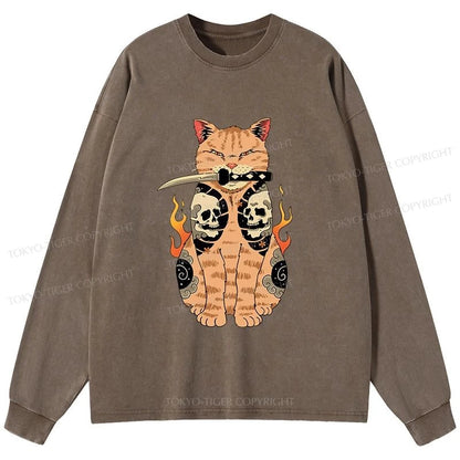 Tokyo-Tiger Catana Cat Skull Tattooed Samurai Washed Long Sleeve T-Shirt