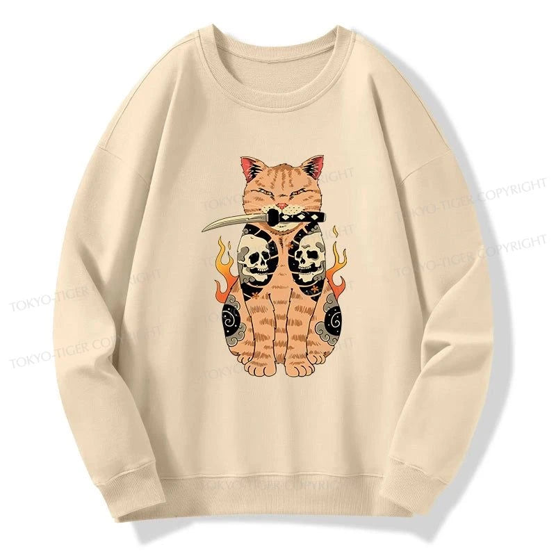 Tokyo-Tiger Catana Cat Skull Tattooed Samurai Sweatshirt