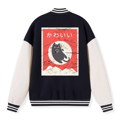 Tokyo-Tiger Cute Black Cat Japanese Embroidery Varsity Jacket