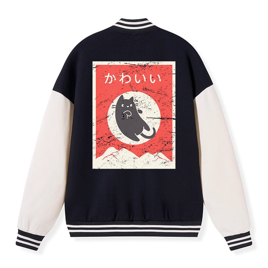 Tokyo-Tiger Cute Black Cat Japanese Embroidery Varsity Jacket