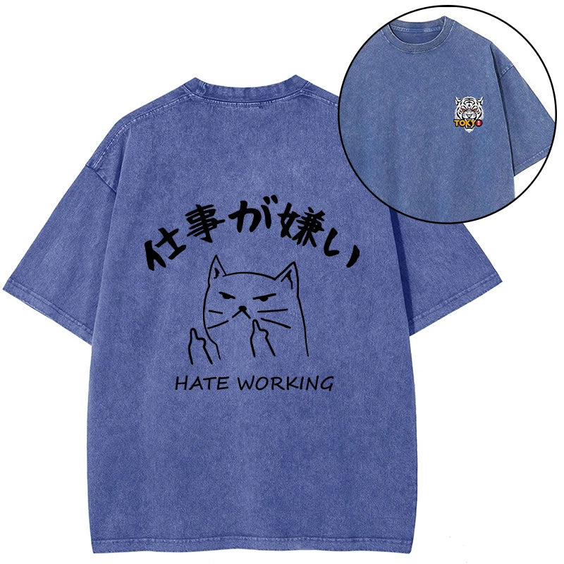 Tokyo-Tiger A Cat That Hates Work Front Back Washed T-Shirt