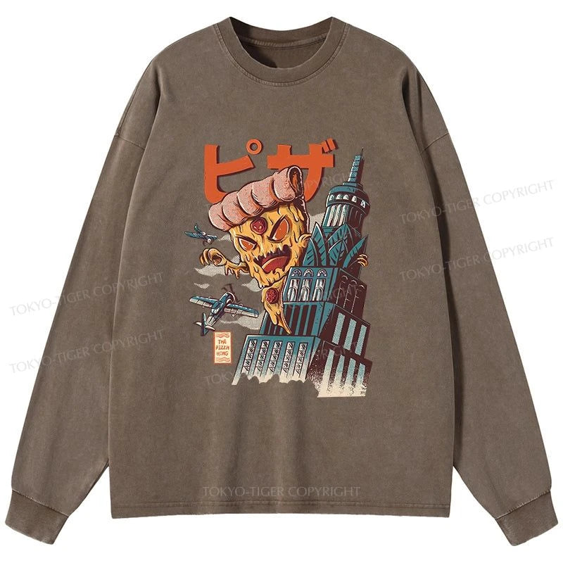 Tokyo-Tiger Great Pizza Kaiju Japanese Washed Long Sleeve T-Shirt