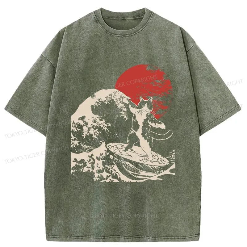 Tokyo-Tiger Cat Surfing Washed T-Shirt