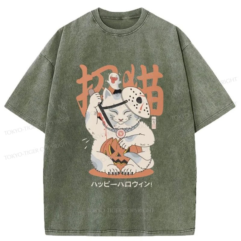 Tokyo-Tiger Halloween Cat Maneki Neko Japanese Washed T-Shirt