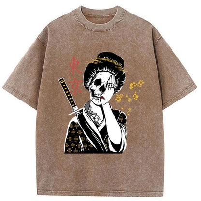 Tokyo-Tiger Geisha Shame Skull Samurai Washed T-Shirt