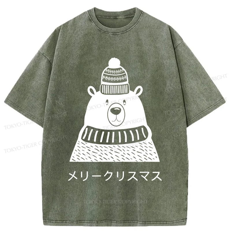 Tokyo-Tiger Cute Christmas White Bear Washed T-Shirt