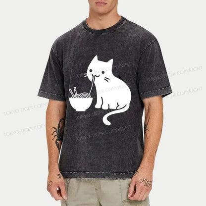 Tokyo-Tiger Cat Eating Ramen Japan Washed T-Shirt