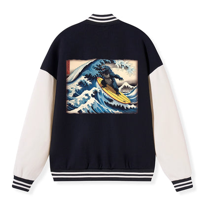 Tokyo-Tiger Dinosaur Surfing Japanese Embroidery Varsity Jacket