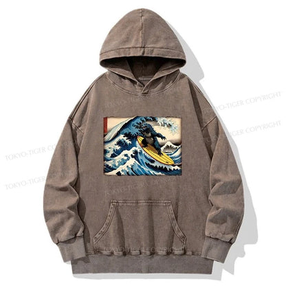 Tokyo-Tiger Dinosaur Surfing Japanese Washed Hoodie