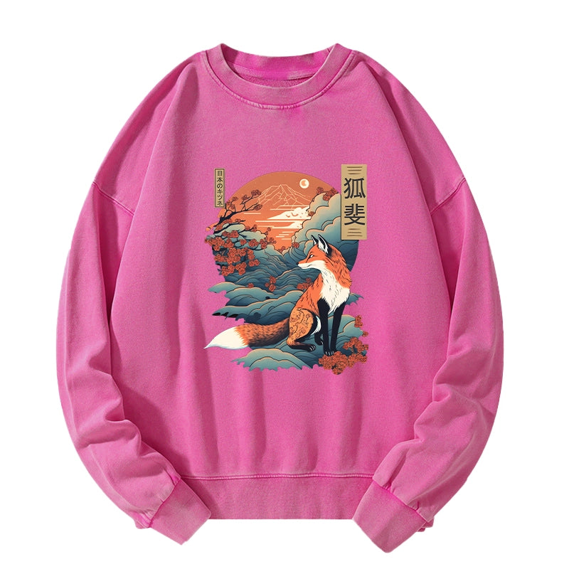 Tokyo-Tiger Japanese Kitsune Fox Sakura Washed Sweatshirt