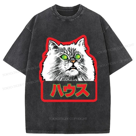 Tokyo-Tiger Residential White Cat Japanese Washed T-Shirt